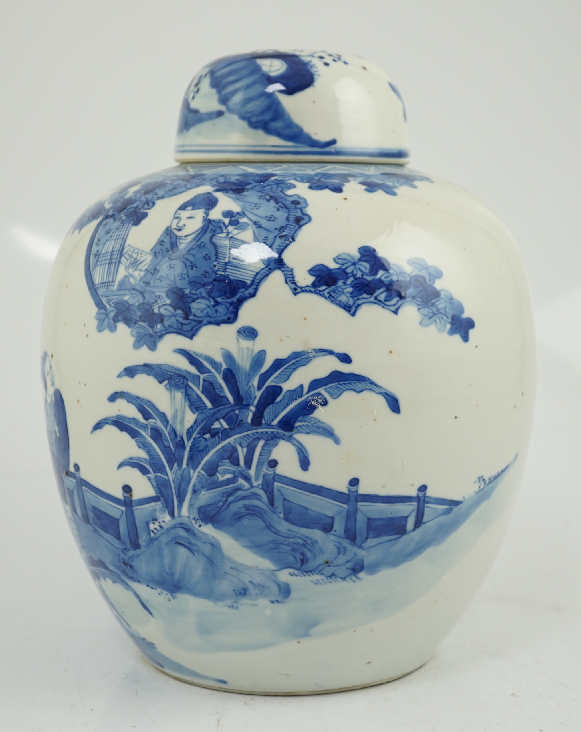 A large Chinese blue and white ‘Romance of the Western chamber’ ovoid jar and cover, Kangxi mark, but late 19th century